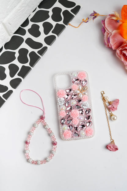 Pink Floral Diamond Bling With Pearl Floral Pendant Case for iPhone