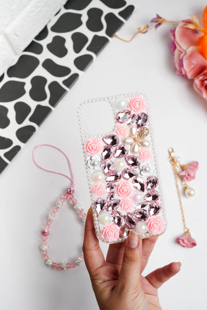 Pink Floral Diamond Bling With Pearl Floral Pendant Case for iPhone