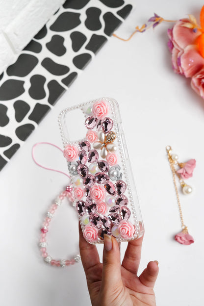 Pink Floral Diamond Bling With Pearl Floral Pendant Case for iPhone