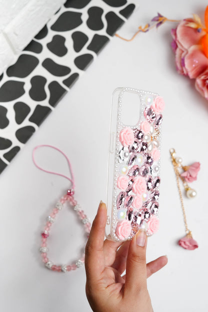 Pink Floral Diamond Bling With Pearl Floral Pendant Case for iPhone