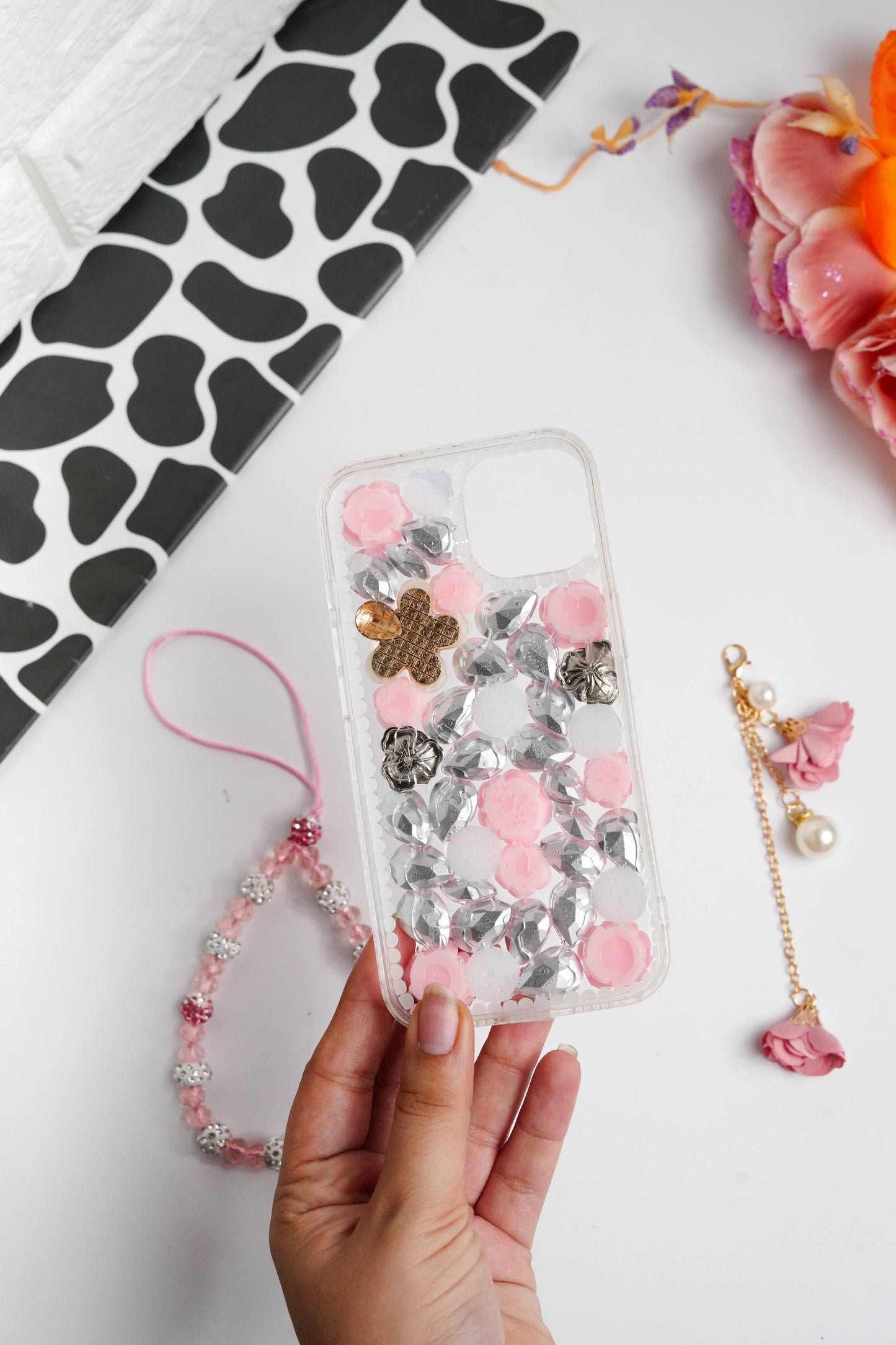 Pink Floral Diamond Bling With Pearl Floral Pendant Case for iPhone