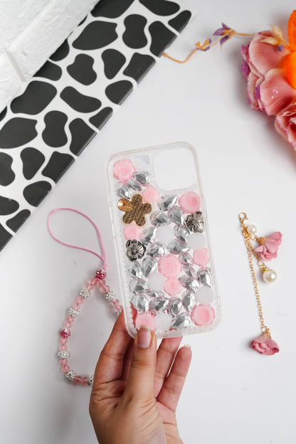 Pink Floral Diamond Bling With Pearl Floral Pendant Case for iPhone