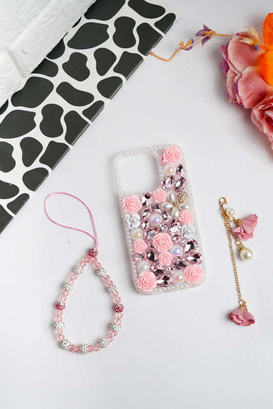 Pink Floral Diamond Bling With Pearl Floral Pendant Case for iPhone