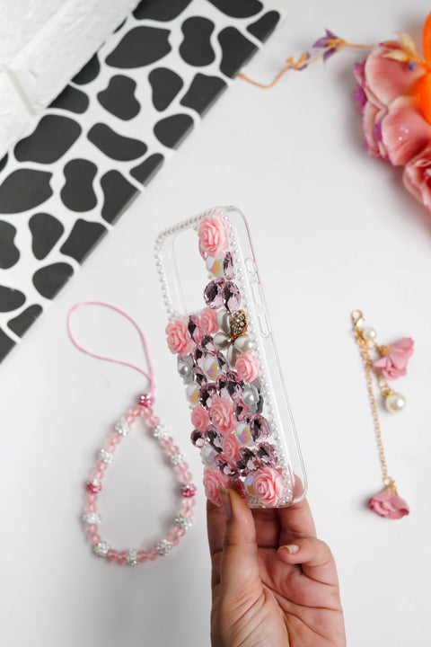 Pink Floral Diamond Bling With Pearl Floral Pendant Case