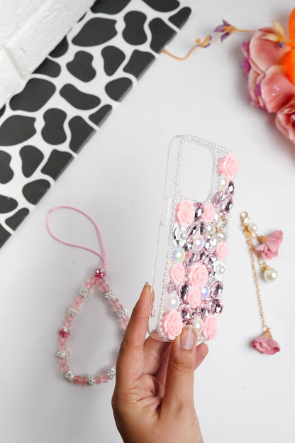 Pink Floral Diamond Bling With Pearl Floral Pendant Case for iPhone