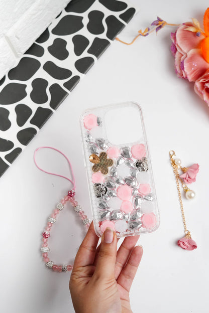Pink Floral Diamond Bling With Pearl Floral Pendant Case for iPhone