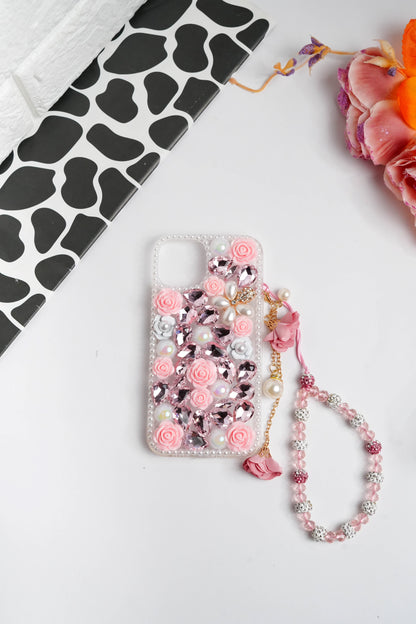 Pink Floral Diamond Bling With Pearl Floral Pendant Case for iPhone