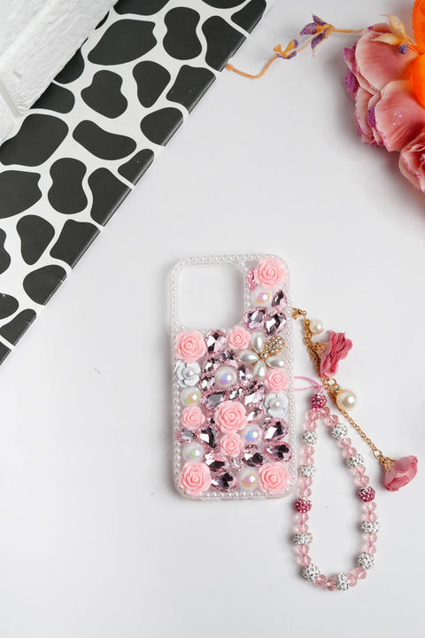 Pink Floral Diamond Bling With Pearl Floral Pendant Case
