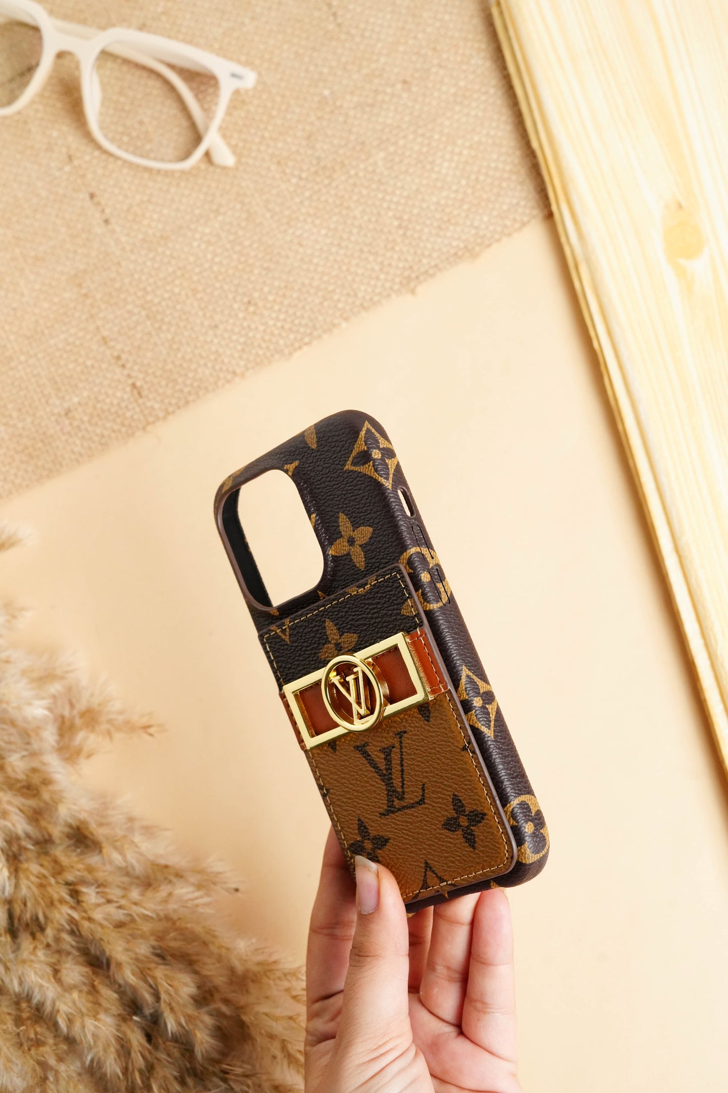 Louis Vuitton LV Logo Premium Quality Card Holder Light Brown Case for iPhone