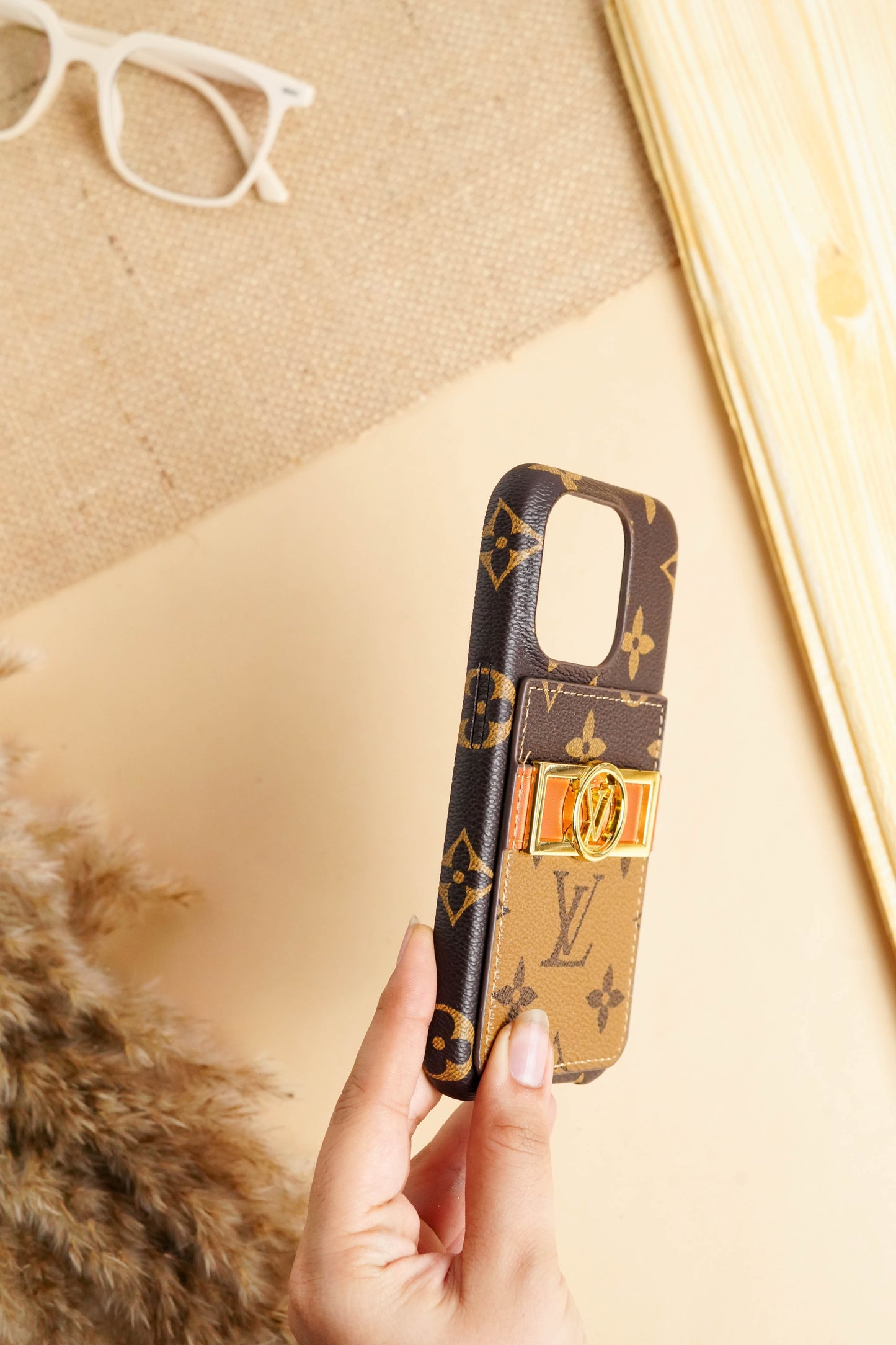 Louis Vuitton LV Logo Premium Quality Card Holder Light Brown Case for iPhone