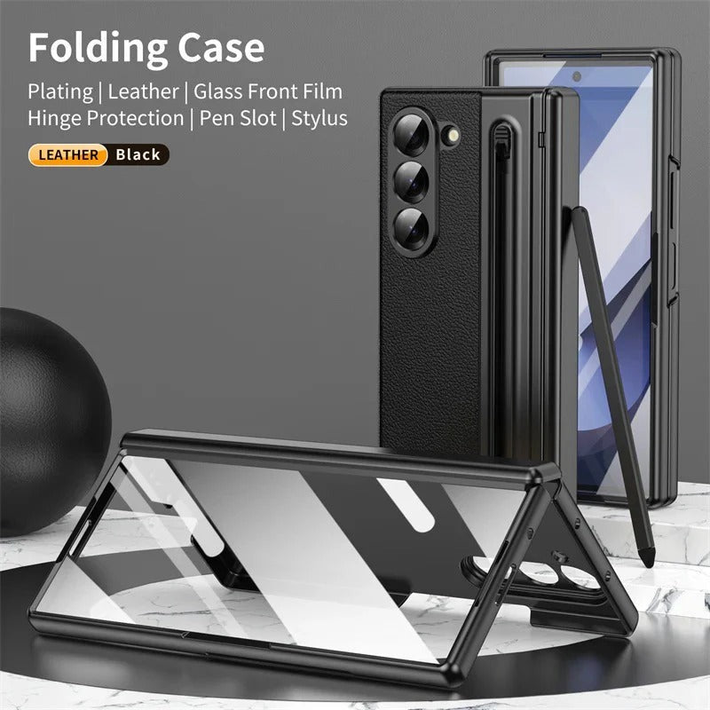 Leather Case with Electroplating S Pen, Kickstand & Hinge Protection for Samsung Galaxy Z Fold7
