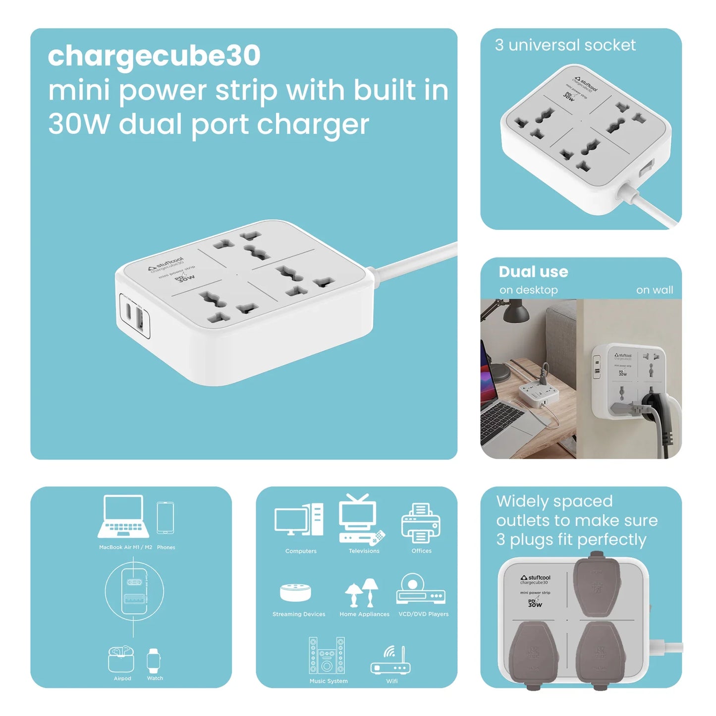 Stuffcool ChargeCube Mini Power Strip with 30W Type C output