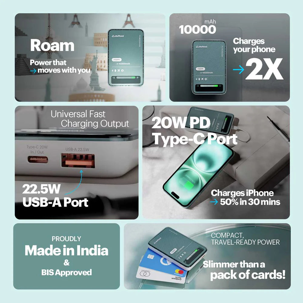 Stuffcool Roam 10000mAh Mini wired Powerbank with 20W Type C Output