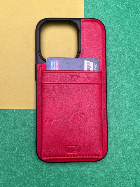HDD Red Luxury Leather With Double Card Holder Case For iPhone