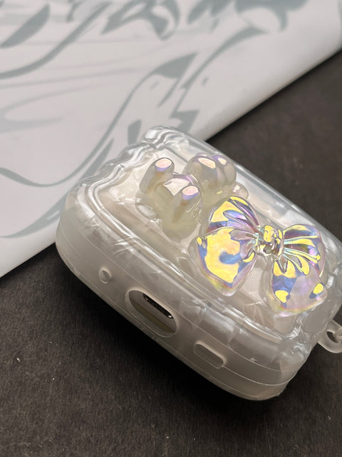 Sparkle Marble Bow With Teddy Charm Case For Apple AirPods