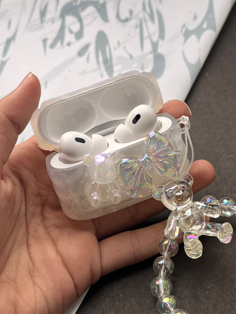 Sparkle Marble Bow With Teddy Charm Case For Apple AirPods