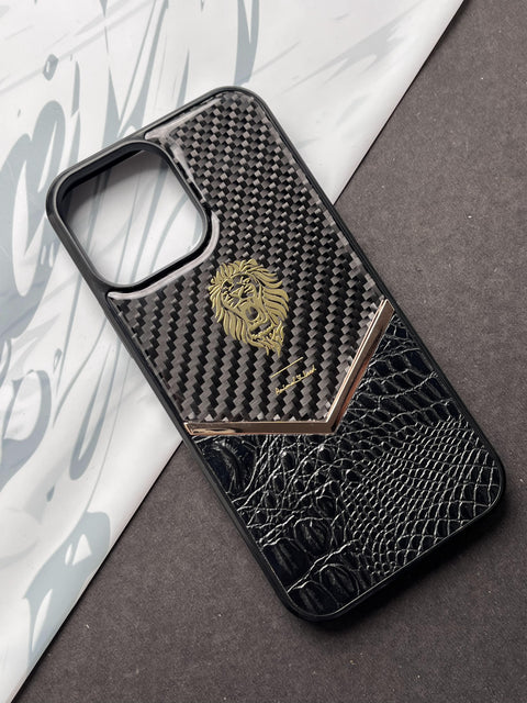 L.Bin Lion Big Luxury Carbon Fiber & Crocodile Leather Case For iPhone