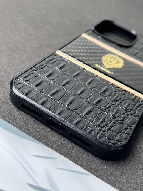 L.Bin Lion Luxury Carbon Fiber & Crocodile Leather Case For iPhone