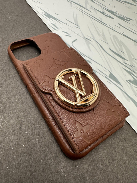 LV Brown Luxury Leather Back Pocket case For iPhone