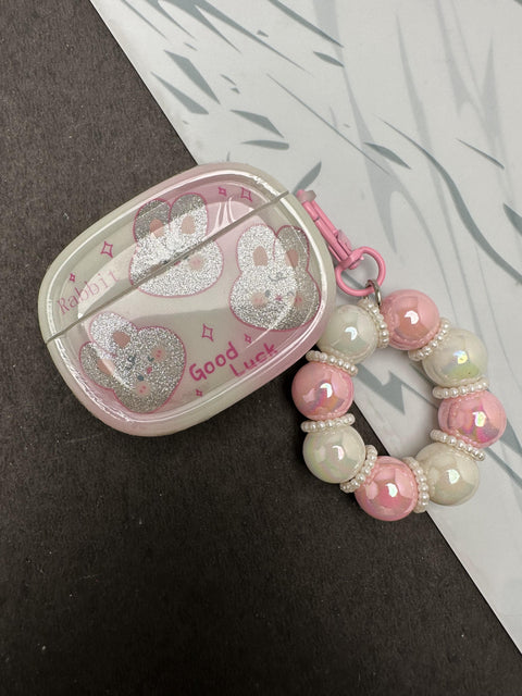 Glitter Teddy Bumper With Pearl Charm Case For Apple AirPods